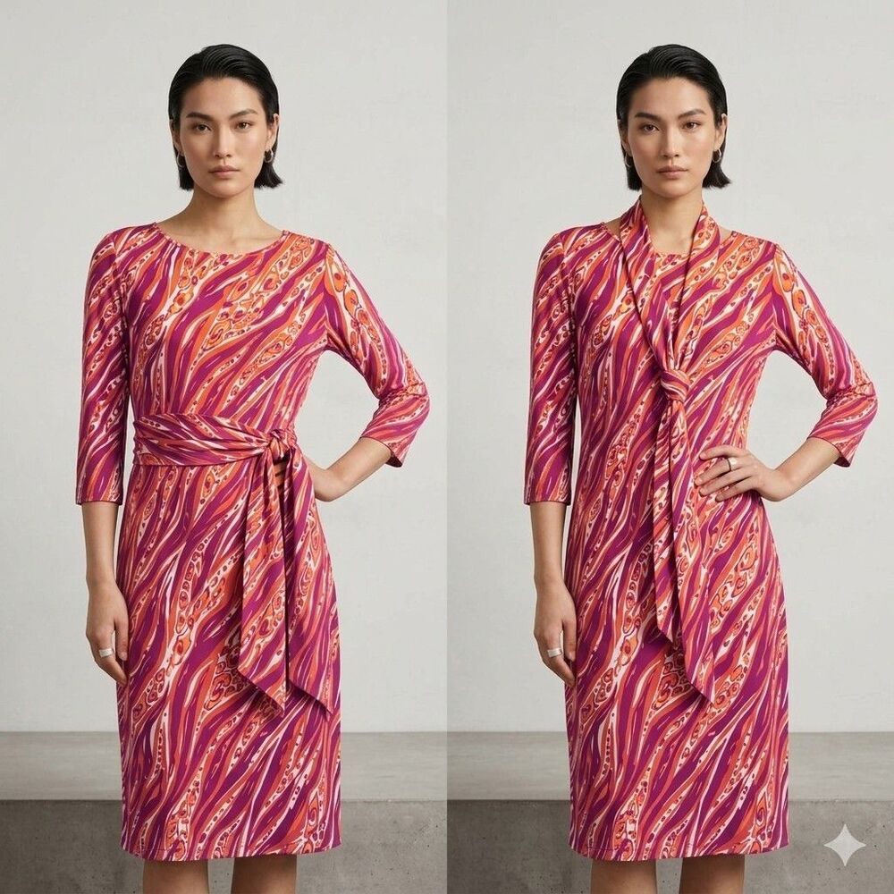 Bob Mackie Wearable Art Shift Dress L Pink Abstract Print Scarf Sash Belt Vtg